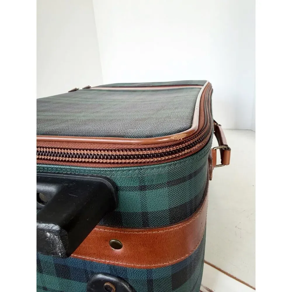 Polo Ralph Lauren Blackwatch Plaid Carry On Luggage Suitcase Leather Navy Green